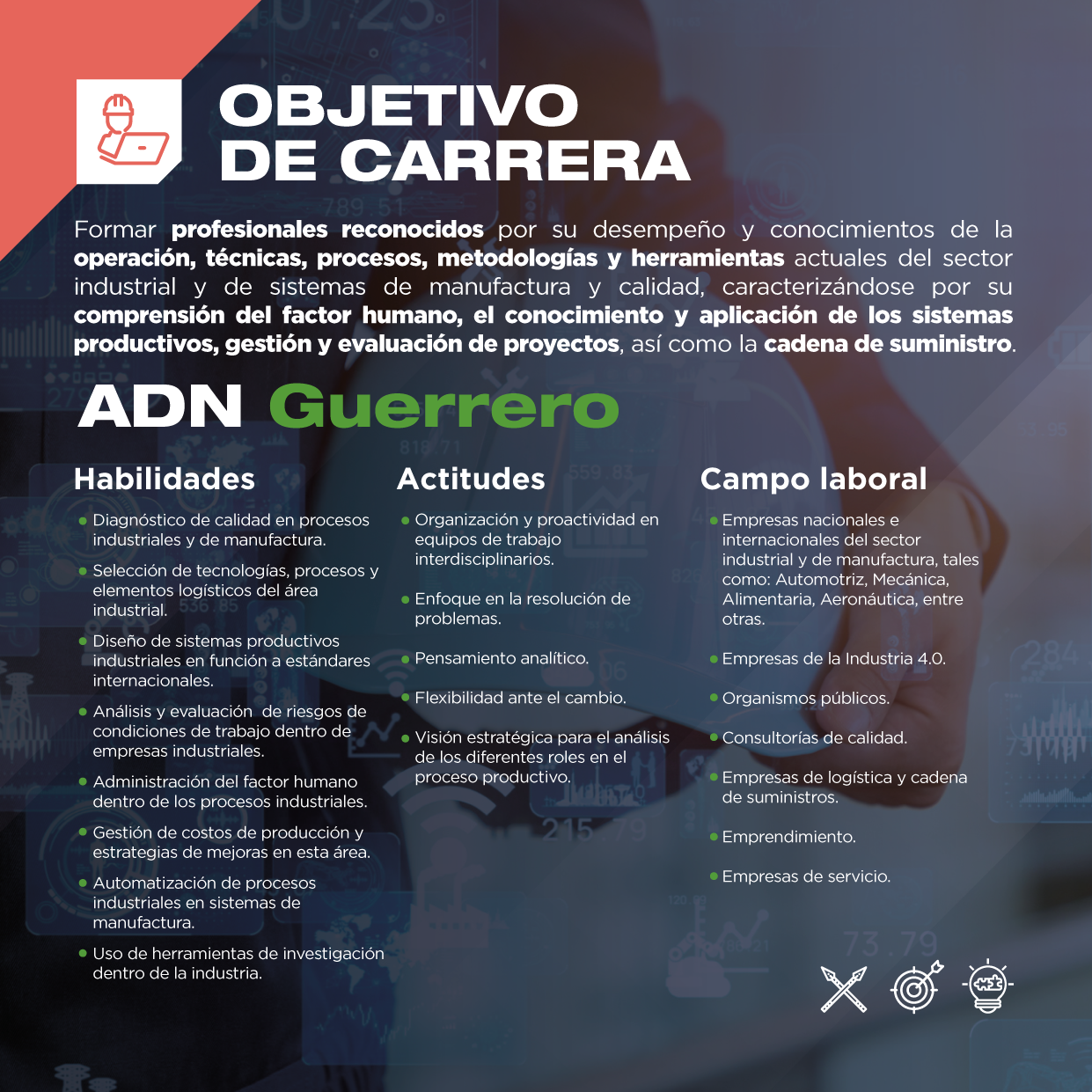 ¿Quieres conocer las competencias que adquirirás a lo largo del programa de Ingeniería Industrial, así como el campo laboral en el que te desarrollarás?